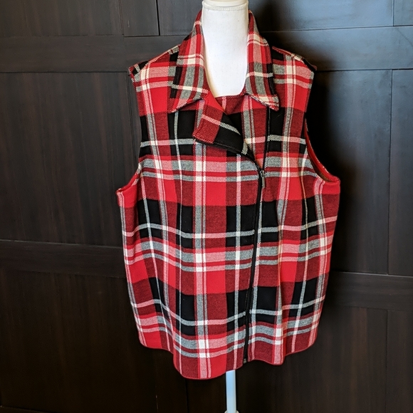 Women's Chaps Asymmetrical-Zip Plaid Vest 2X- Red - Picture 1 of 8
